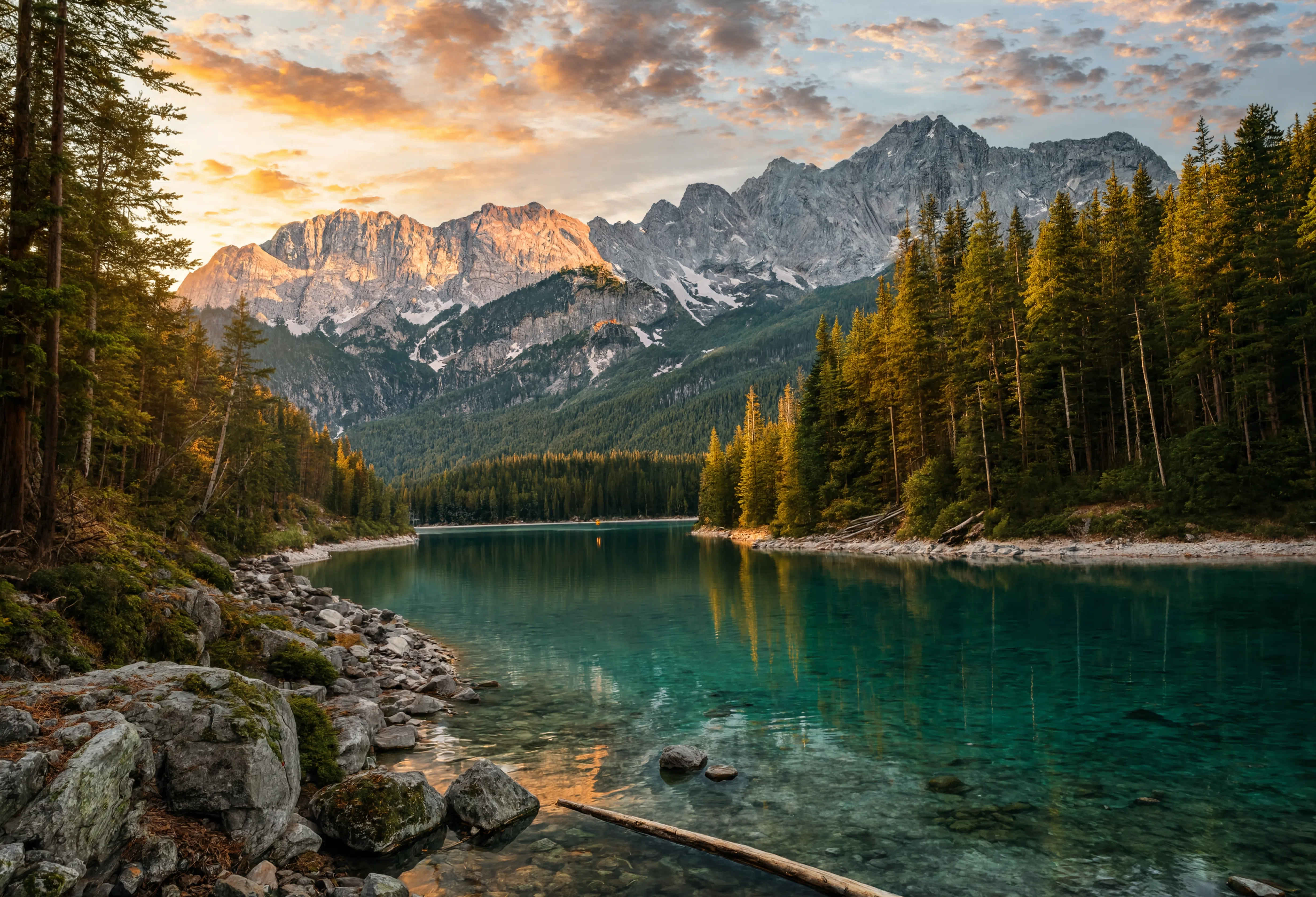 Eibsee mit türkisblauem Wasser und Zugspitze im Hintergrund